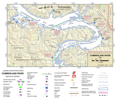 US Army Corps of Engineers Cumberland River Chart 30 - Shutes Branch; Nokes Branch; Lindsley Bend digital map