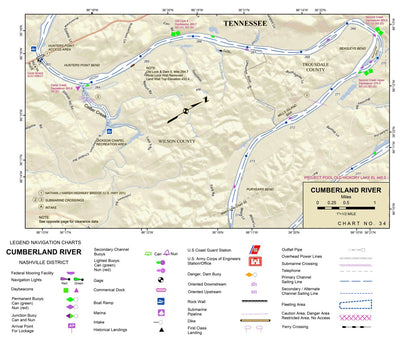 US Army Corps of Engineers Cumberland River Chart 34 - Cedar Crk & Isl; Berdine Bar; Dam5 (inundated); Mills Isl Bar digital map