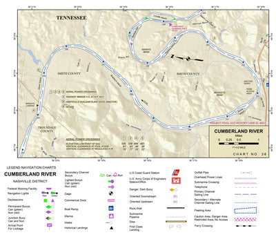 US Army Corps of Engineers Cumberland River Chart 36 - Dixon Isl &Crk; Rome; Parkers Isl; Bartletts Bar; Blind Isl; Lovells Isl digital map