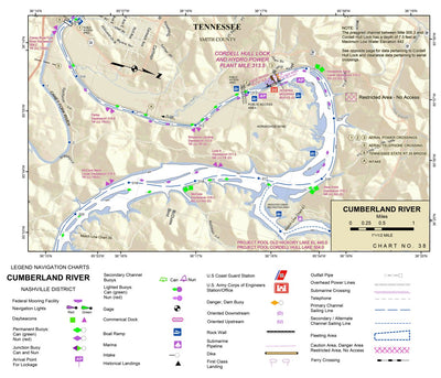 US Army Corps of Engineers Cumberland River Chart 38 - Cordell Hull Lock &Dam; West Point, TN; Defeated Creek; Caney Fork River digital map