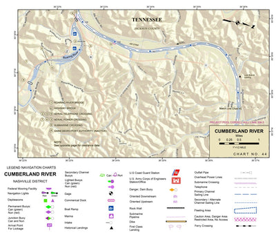 US Army Corps of Engineers Cumberland River Chart 44 - Roaring River; Hurricane Branch; Lock Branch; Pigeon Roost Branch digital map