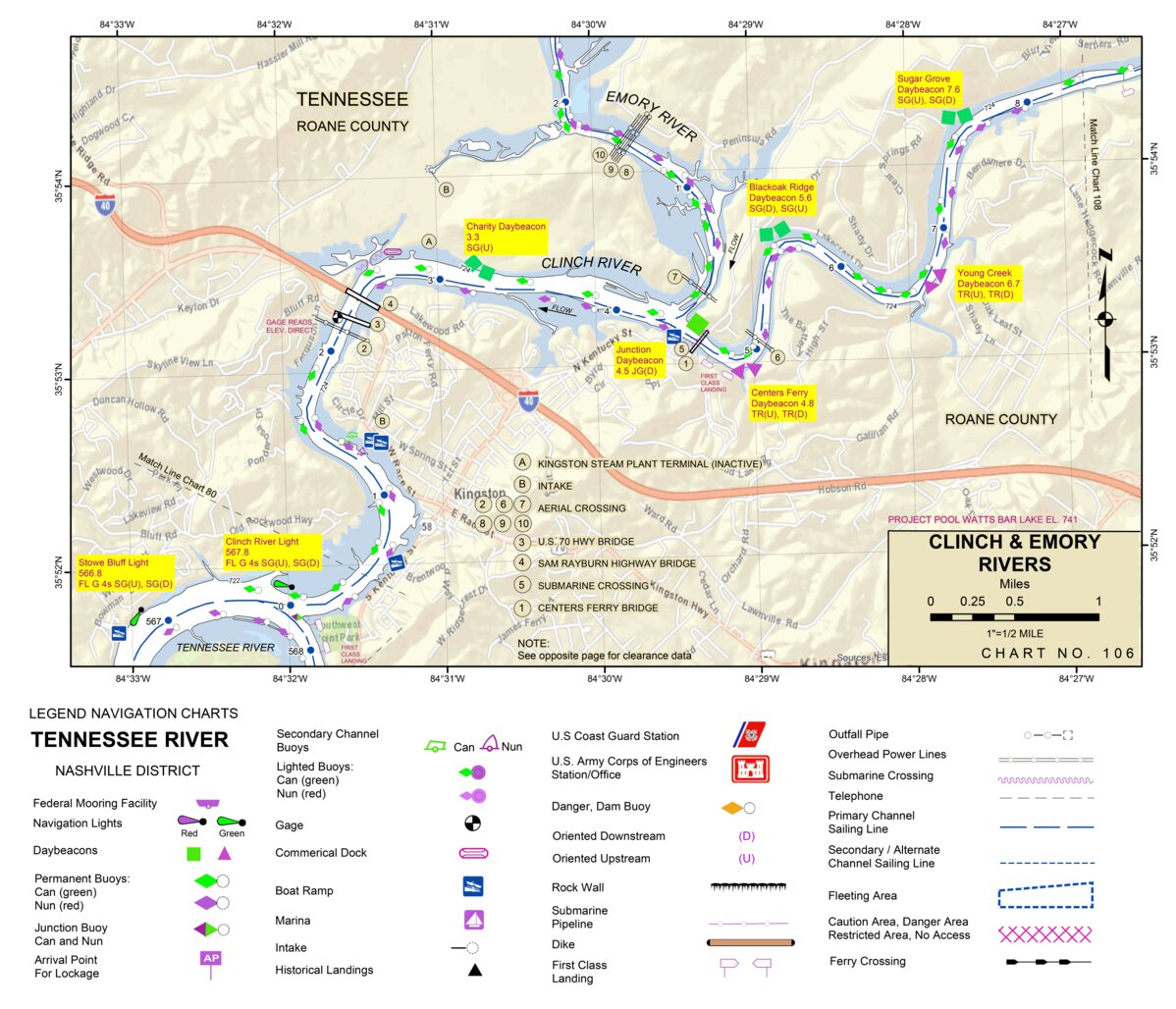 Tennessee River Chart 106 - Clinch River; Emory River Map by US Army ...