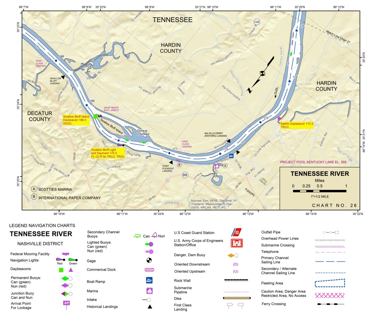 Tennessee River Chart 26 Swallow Bluff Island & Saltillo, TN Map by