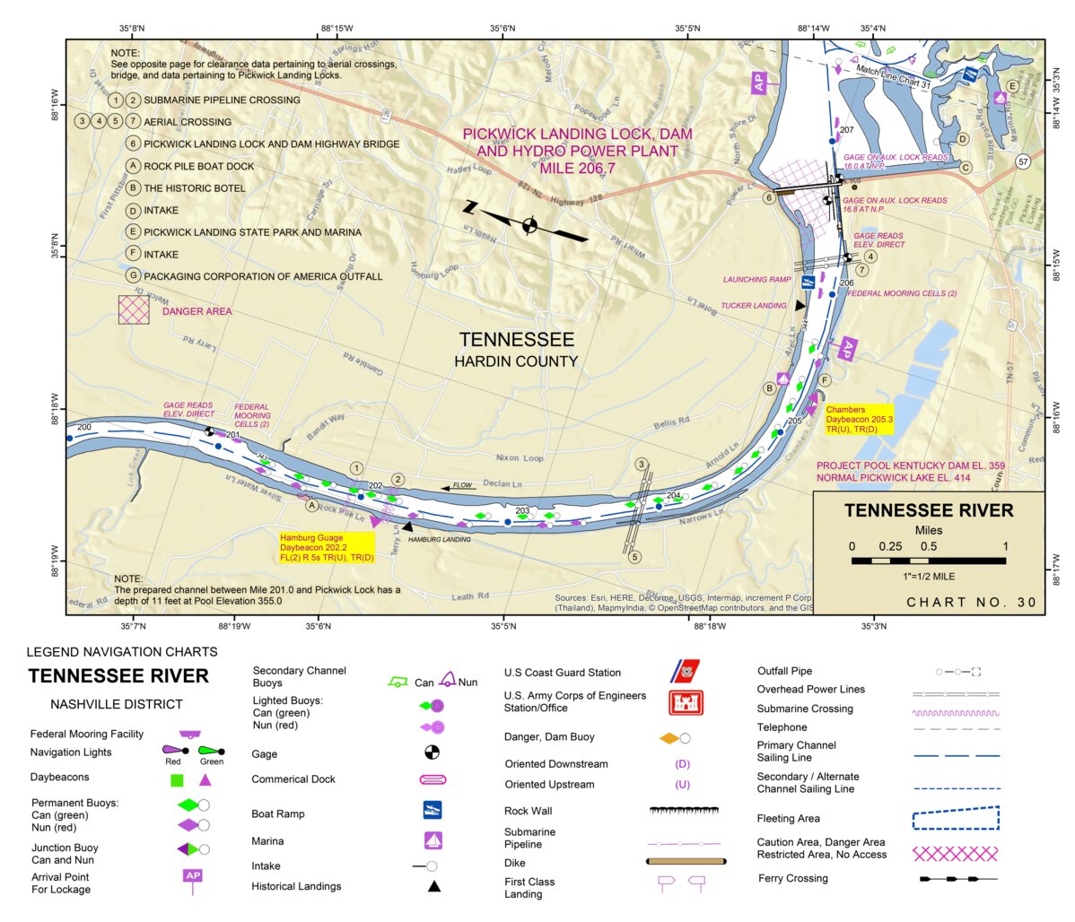 Pickwick Lock Tennessee River Chart 30 - Hamburg Landing; Pickwick Landing Dam Map by ...