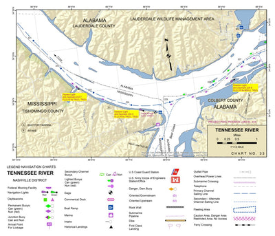 US Army Corps of Engineers Tennessee River Chart 33 - Miss & Ala State Line & Waterloo, AL digital map