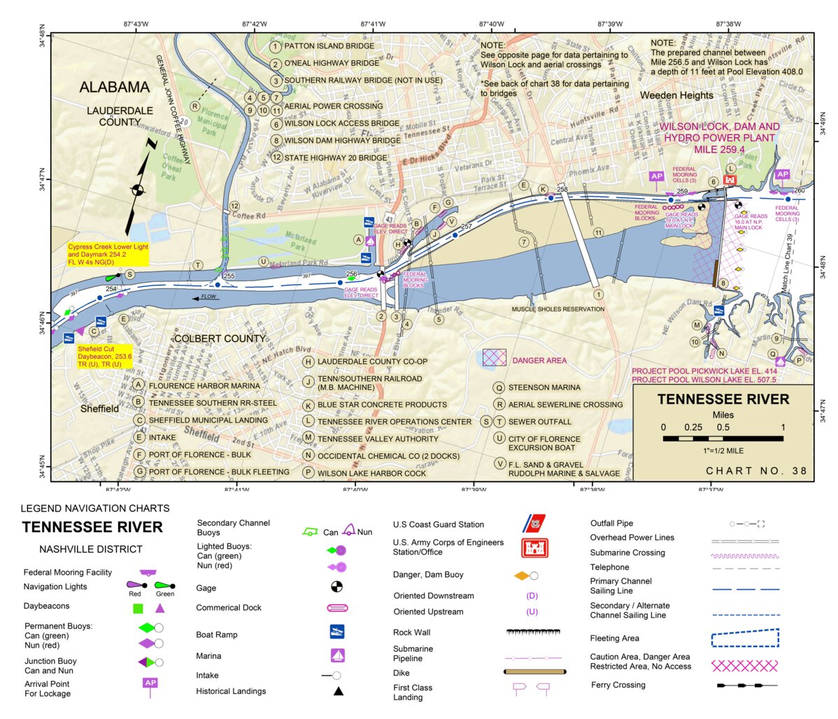 Tennessee River Chart 38 - Sheffield and Florence, AL Map by US Army ...