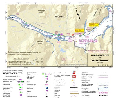 US Army Corps of Engineers Tennessee River Chart 51 - Guntersville Dam; Allens Bar; Cole Bend Bar digital map