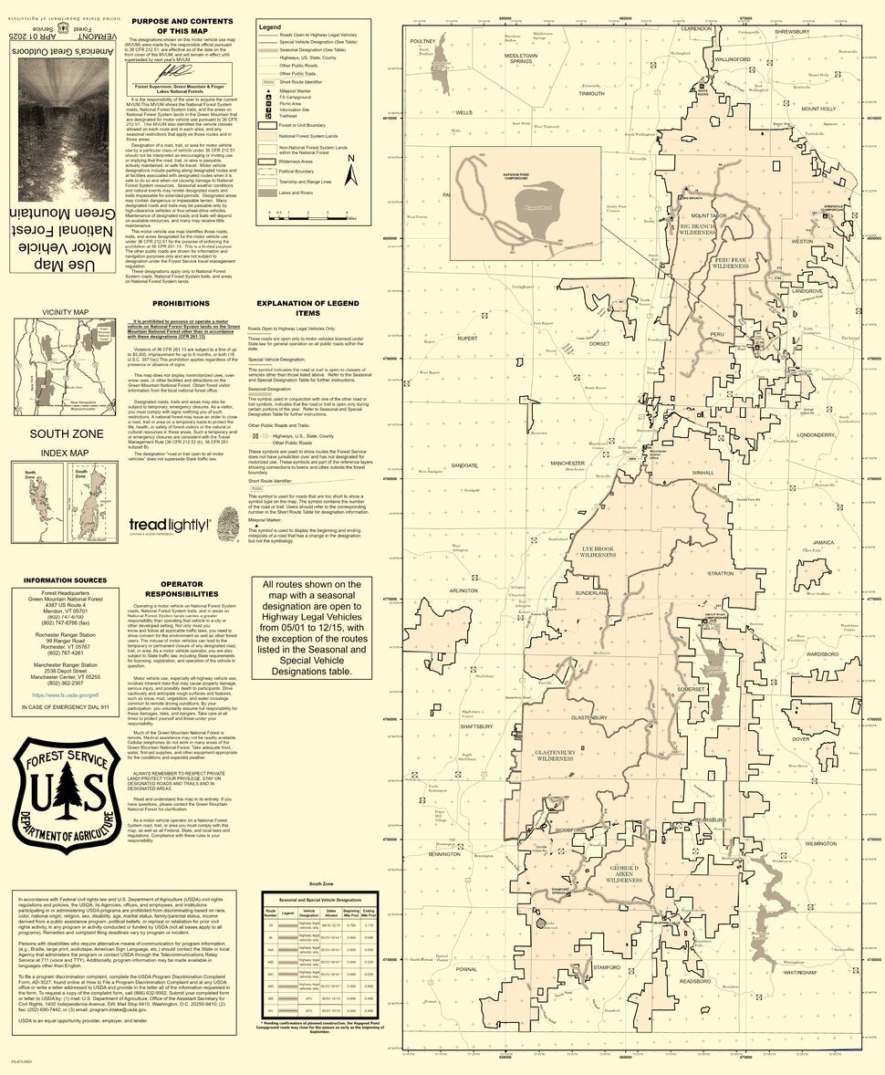 Green Mountain Finger Lakes NF MVUM - SOUTH Map by US Forest