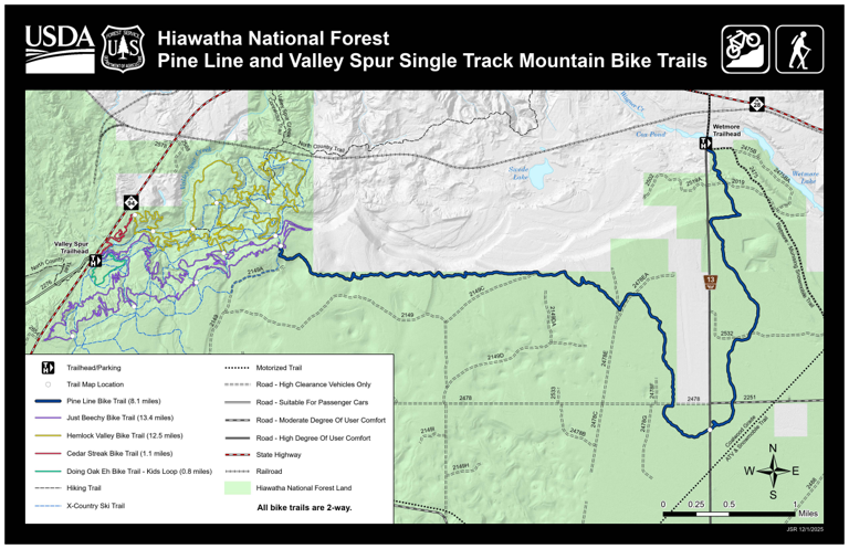 hallwag mountainbike map Hiawatha NF – Pine Line and Valley Spur Single Track Mountain Bike Trails  Map by US Forest Service R9