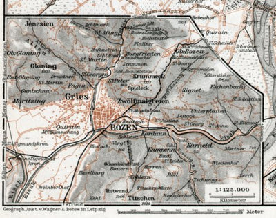 Waldin Bozen (Bolzano) and Gries, region map, 1910 digital map
