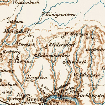 Waldin Danube River course map from Passau to Vienna, 1903 digital map