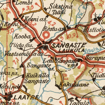 Waldin Estonian Road Map, Plate 18: Antsla. 1938 digital map