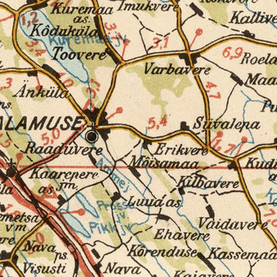 Waldin Estonian Road Map, Plate 20: Mustvee. 1938 digital map