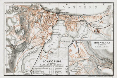 Waldin Jönköping city map, 1929. With Husqvarna plan inset digital map