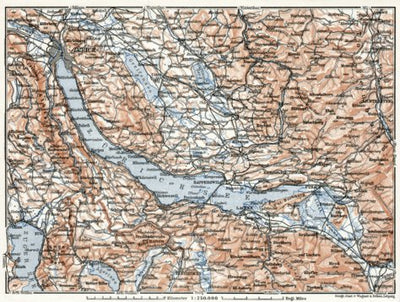 Waldin Lakes of Zurich and Zug district map, 1909 digital map