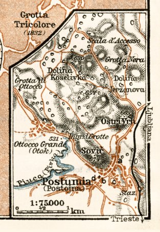 Waldin Postojna city map, grottes of Postojna map, 1929 digital map