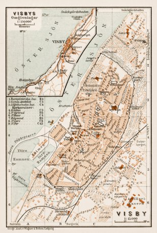 Waldin Visby (Wisby) city map, with map of Visby suburbs, 1929 digital map