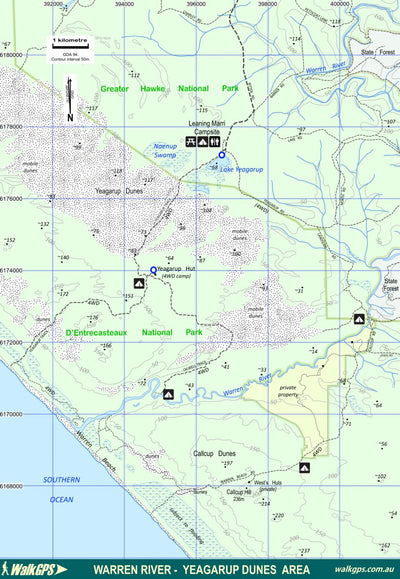 WalkGPS WalkGPS - Warren River-Yeagarup Dunes Walk Area, D'Entrecasteaux and Greater Hawke National Parks digital map