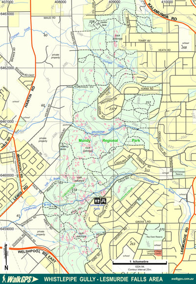 WalkGPS WalkGPS - Whistlepipe Gully-Lesmurdie Falls Walk Area - Darling Range digital map