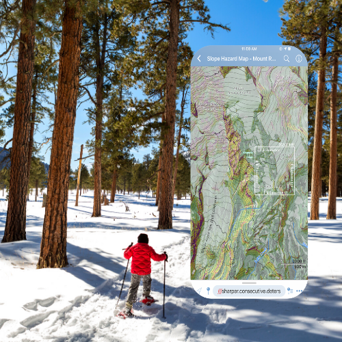 Person snowshoeing beside a large screen capture of a map within the Avenza Maps App