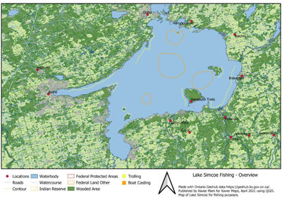 Xavier Maps Lake Simcoe Fishing Map - Overview digital map
