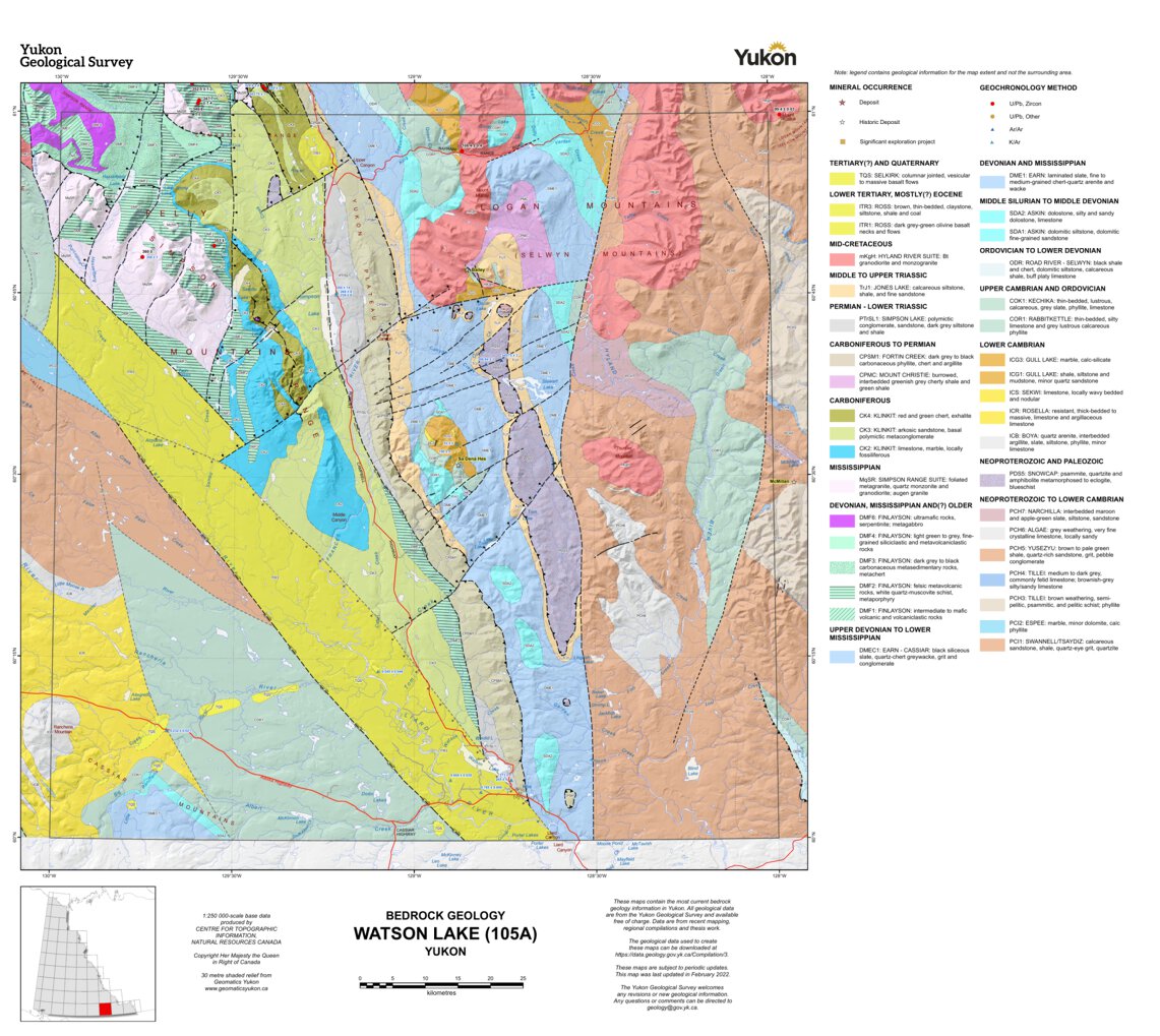 105A, Watson Lake Yukon Bedrock Geology Map by Yukon Geological Survey