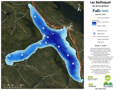 Zecs Québec Carte bathymétrique du Lac Bailloquet de la zec du Lac-Brébeuf (2024) digital map