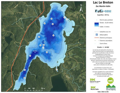 Zecs Québec Carte bathymétrique du Lac Le Breton de la zec Martin-Valin (2024) digital map