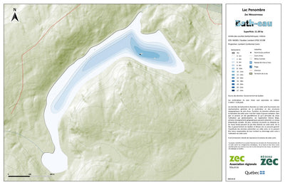 Zecs Québec Carte bathymétrique du Lac Penombre de la zec Wessonneau (2024) digital map
