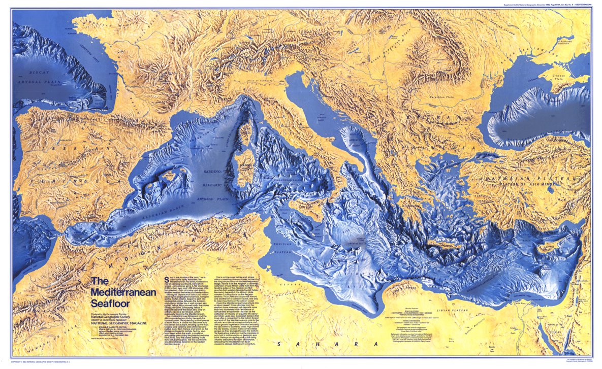 Mediterranean Seafloor 1982 Map by National Geographic