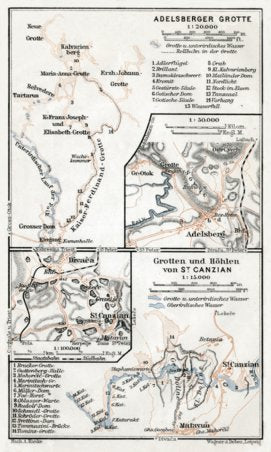 Adelsberg (Postojna, Postumia) Royal Grottoes. Divaca and the Škocjan Caves area map, 1910