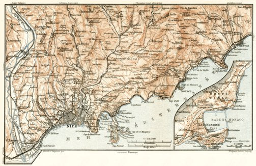 Nice, Menton and environs Map with Map inset of Monaco and Monte Carlo ...