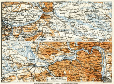 Danube River course map from Raab (Győr) to Budapest, 1913