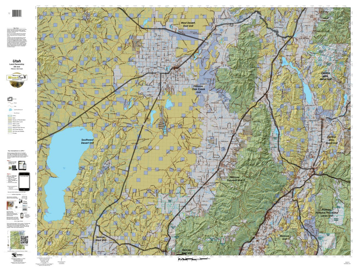 Fillmore, Oak Creek Utah Elk Hunting Unit Map with Land Ownership by ...