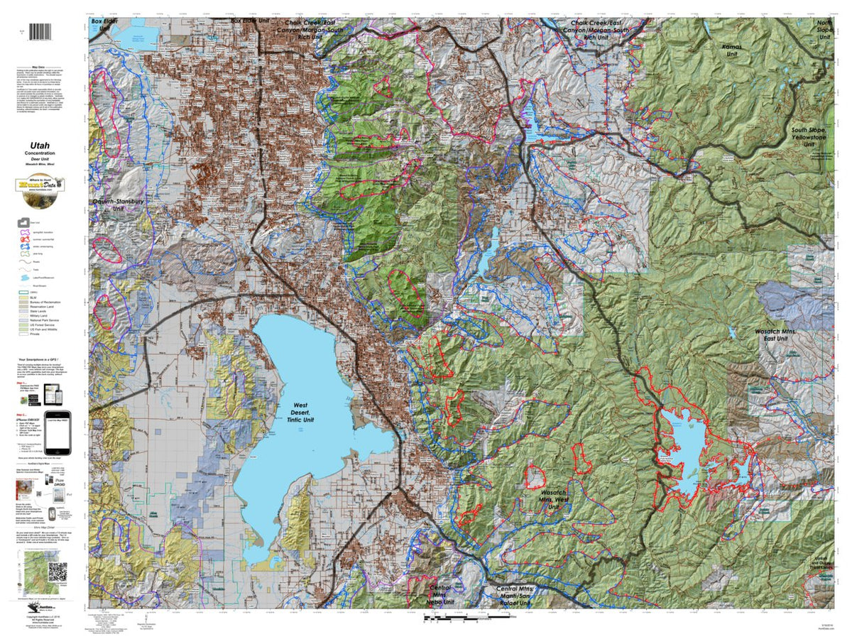 Wasatch Mtns, West Utah Mule Deer Hunting Unit Map with Land Ownership ...