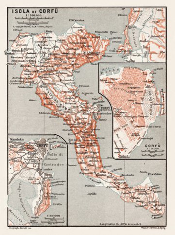 Corfu Isle map, 1908. With town plan of Corfu (Kerkyra)