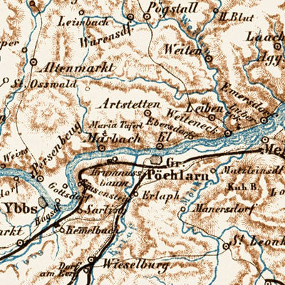 Danube River course map from Passau to Vienna, 1903
