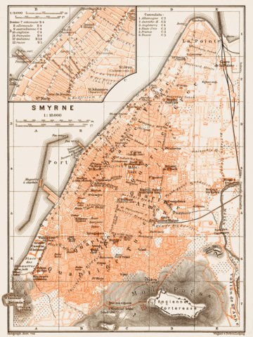 Smyrna (إزمير, İzmir, Smyrne) city map, 1914