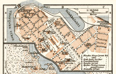Vyborg (Выборгъ, Viipuri, Wiborg) city center map, 1914