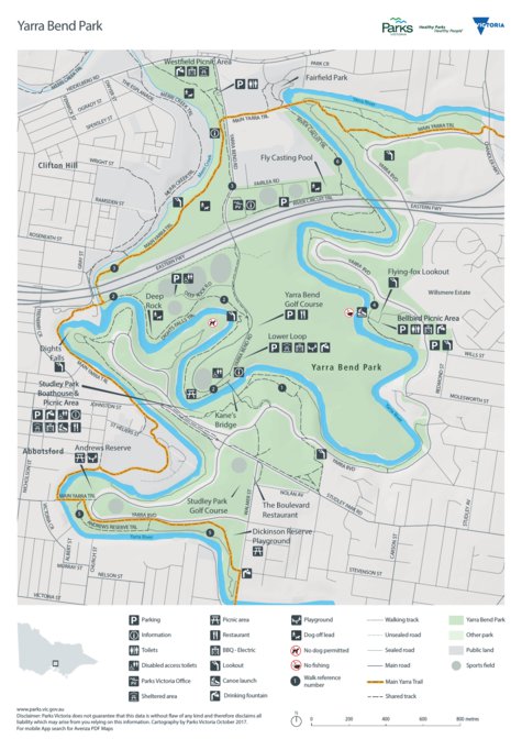 Yarra Bend Park Visitor Guide Map by Parks Victoria Avenza Maps