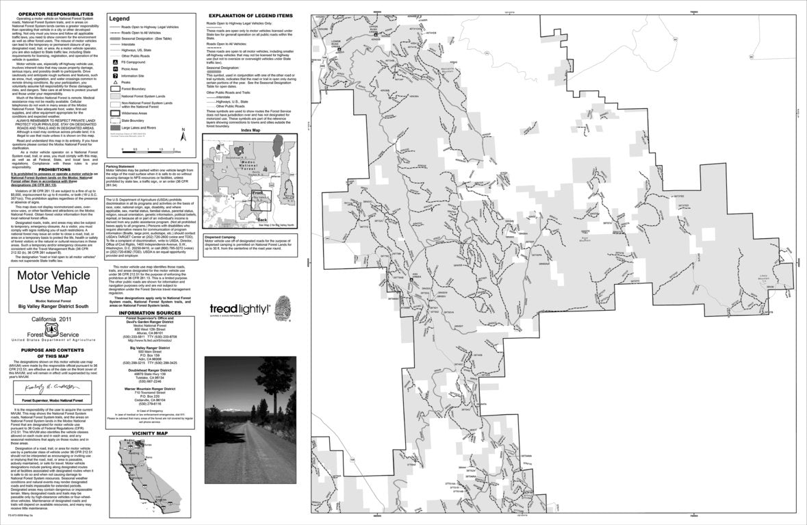 Modoc MVUM - Big Valley South (front) Map by US Forest Service R5 ...