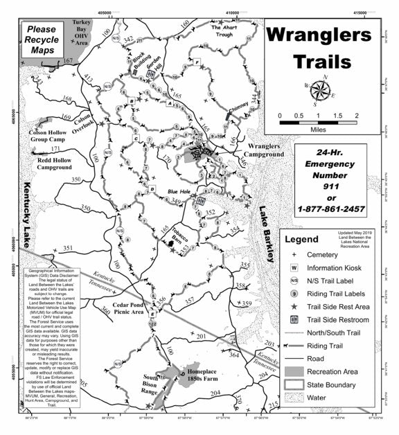 Land Between The Lakes - Wranglers Campground Trails Map by US Forest 