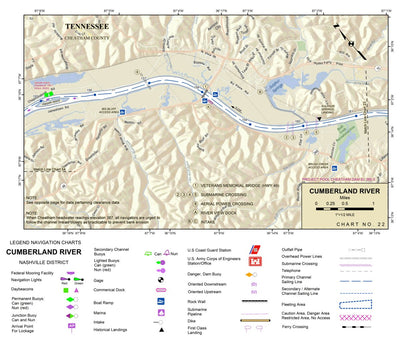 Cumberland River Chart 22 - Ashland City, TN; Big Marrowbone Creek; Sulphur Springs; Lillamay