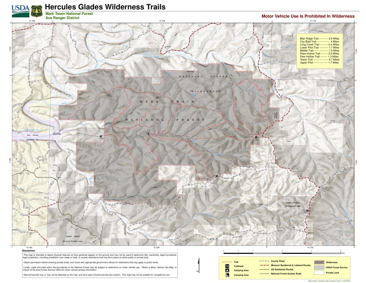 Mark Twain National Forest - Hercules Glades Wilderness Trails Map by US Forest Service R9 ...