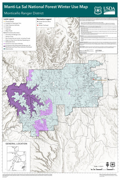 Manti-LaSal National Forest Winter Use Map: Monticello Ranger District 2024 Preview 1