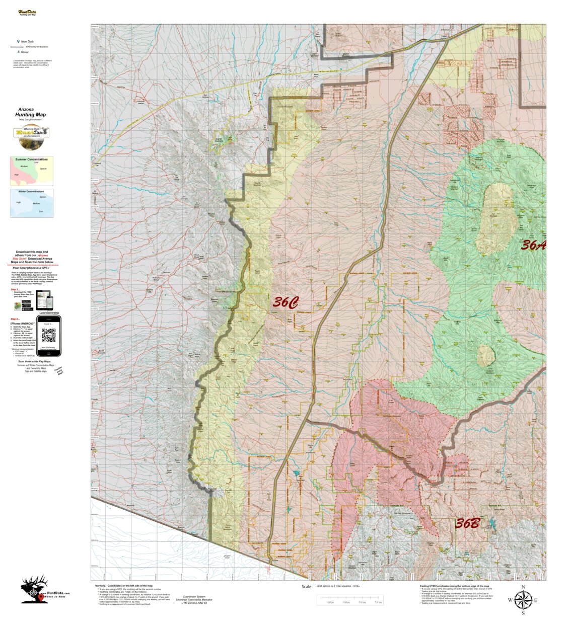 AZ Unit 36C Mule Deer Concentrations Map by Arizona HuntData LLC