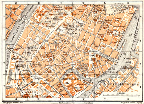 Copenhagen (Kjöbenhavn, København) central part Map, 1910 by