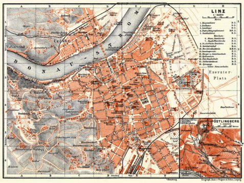 Linz city Map with Map inset of Pöstlingberg, 1911 by Waldin | Avenza Maps