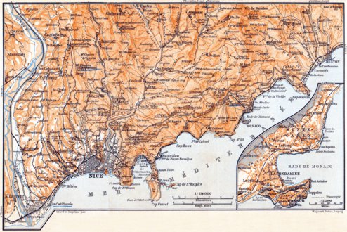 Nice, Menton and environs Map with Map inset of Monaco and Monte Carlo ...