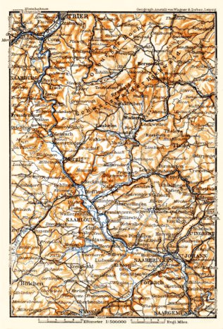 Waldin Saar Valley from Trier to Saargemünd map, 1905 digital map